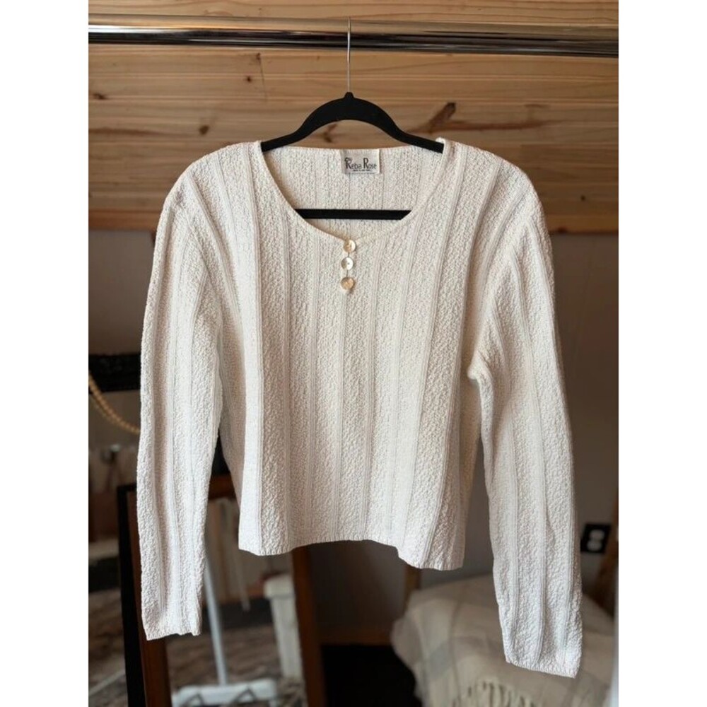Reba Rose Cream Knit Textured Long-Sleeve Knitted Cottagecore Top Size S/M